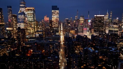 Naklejka premium New York Skyline In Manhattan New York United States. Capturing The Hustle And Bustle Of A Vibrant City From Above. Night Elevated Road Downtown Cityscape. Night Downtown Panoramic.