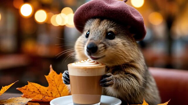 Adorable quokka with a beret sipping a cappuccino at an outdoor cafe table decorated with fall leaves, creating a cozy autumn scene