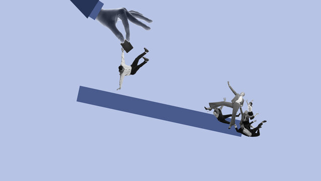 Digital collage of hand dropping businessman as team collapses below. Concept of pressure in leadership, downsizing risks, talent fragility, and career crisis in digital HR systems.