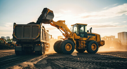 Earthmoving equipment loads soil into a dump truck at construction site, earthmoving equipment performing work, earthmoving equipment in action. Heavy machinery moving earth, dirt, and gravel.