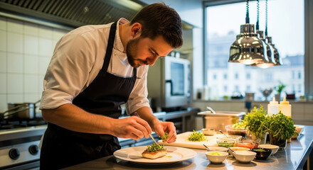 Chef preparing food in commercial kitchen, culinary masterpiece is artistically presented on plate. Focused chef preparing food with fresh ingredients in professional kitchen setting.