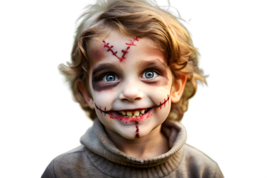A young boy with scary halloween makeup, smiling with stitches on his face, isolated on transparent background