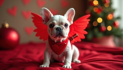 Small French Bulldog dressed as Cupid with bright red wings, playfully posing against a heart-themed bokeh background, Valentine's Day celebration concept.