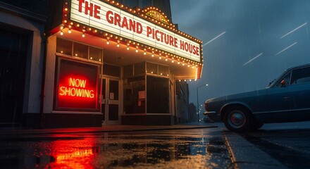 Vintage Grand Picture House Theater Entrance on Rainy Night with Classic Car