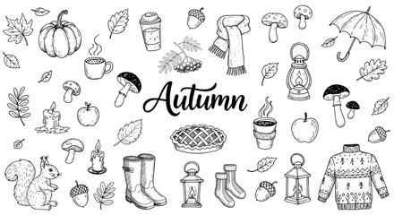 Autumn-themed black and white hand-drawn doodle sketch illustrations set on transparent background