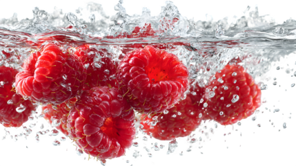 Fresh raspberries falling into clean water splash, isolated on white