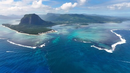 Underwater Waterfall In Le Morne Mauritius Island Mauritius. Aerial View Of Stunning Beach With...