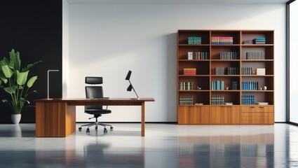 Modern office space with wooden furniture and shelves.