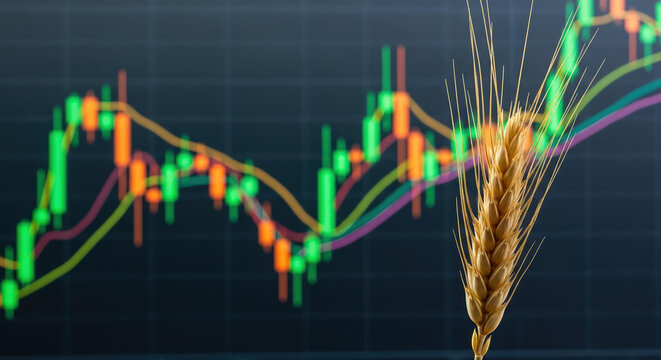 Wheat price charts showing commodity market behavior with golden wheat stalks. Wheat price fluctuations impact global economies, grain price increase.