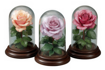 Three preserved roses in glass domes isolated on transparent background