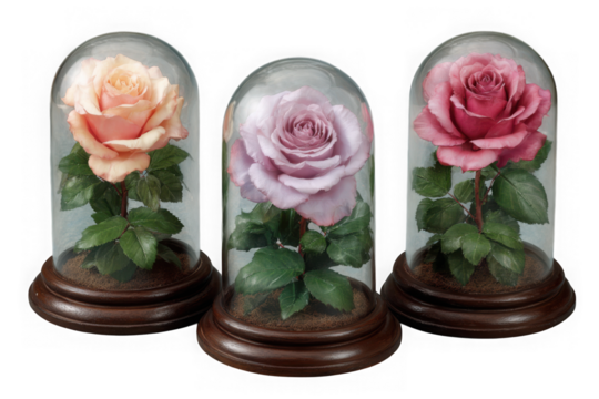Three preserved roses in glass domes isolated on transparent background