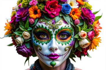 A vibrant and artistic portrait of a woman adorned with intricate sugar skull makeup and a colorful floral headdress, celebrating dia de los muertos isolated on transparent background