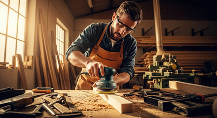 Woodworking project in progress, carpenter uses electric sander on wood. Woodworking is precise work requiring experience and safety glasses. Woodworking can be a hobby or profession, involving skill.