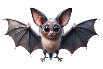 Adorable baby bat with large ears and wings spread wide, isolated on transparent background, perfect for halloween or fantasy themes