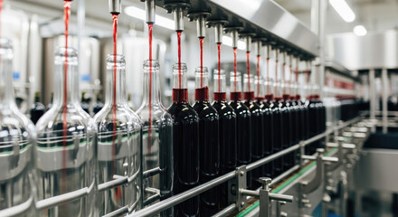Production line with bottles being filled in factory, this production line ensures precise filling. Industrial production line uses automated processes to fill bottles consistently,
