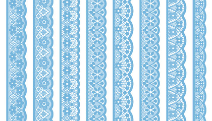 A set of eight light blue lace trims with geometric patterns, featuring one straight edge and one fan-shaped edge