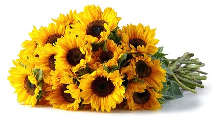 A vibrant bouquet of fifteen sunflowers, loosely arranged, rests on a pristine white background.  Their bright yellow petals and dark brown centers are 