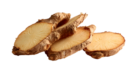 Ginger root slices with fibrous texture, isolated on white