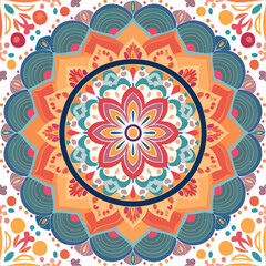 Vibrant decorative mandala design with intricate floral and geometric patterns. A spiritual circular ornament illustration.
