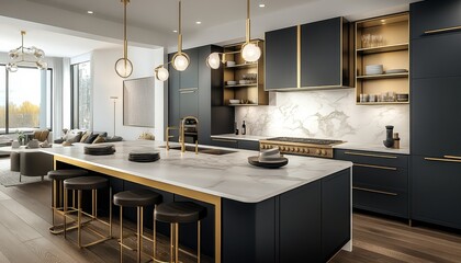 Stylish Modern Kitchen with Black and White Cabinets, Gold Accents, and Marble Countertops
