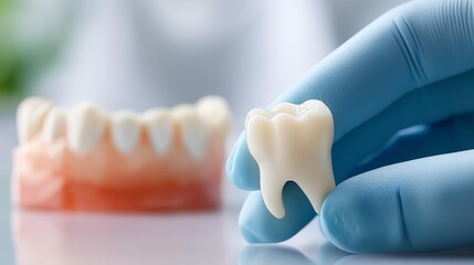 A dentist holding a tooth model illustrating dental health and care practices in a clinical setting.