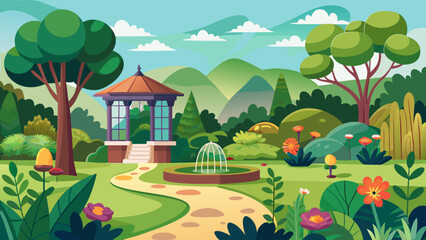 Fototapeta premium Vector art of beautiful cartoon garden with a gazebo, fountain, and winding path through lush green trees, colorful flowers, and rolling hills under a blue sky with clouds