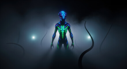 Alien in fog with eerie glow, an alien figure standing amidst swirling mist and spectral light. Alien presence is enhanced by dark tendrils reaching out. This alien is a concept for science fiction,