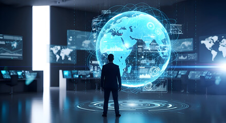 Business Leader Stands Before Digital Earth Globe