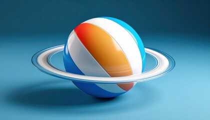 Striped Ball with Ring Orbiting on Blue Background