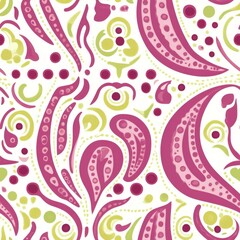 A pattern of pink and green flowers with green leaves