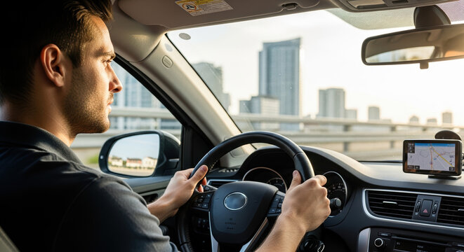 Driver driving car for transportation, with city skyline in background. Driver driving car, navigating with gps device attached to dashboard, ensuring safe and efficient travel.