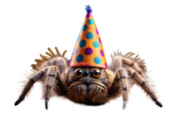 A cute and funny jumping spider wearing a colorful polka dot party hat, isolated on a transparent background, ready to celebrate a birthday or special occasion