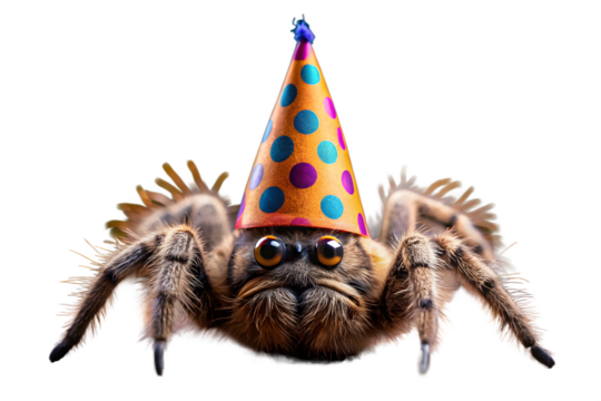A cute and funny jumping spider wearing a colorful polka dot party hat, isolated on a transparent background, ready to celebrate a birthday or special occasion
