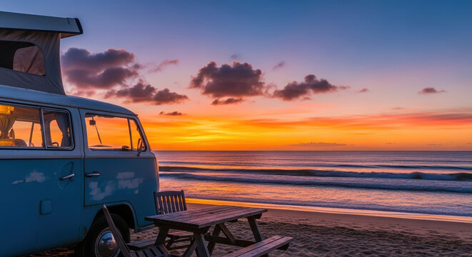 Beach sunset with blue van parked on sandy beach, beach sunset casts long shadows on sand. Beach sunset illuminates horizon, beautiful dusk creates magical atmosphere for summer trip.