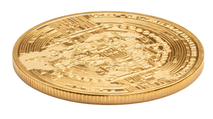 Gold-toned digital cryptocurrency coin, isolated on white