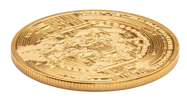 Gold-toned digital cryptocurrency coin, isolated on white