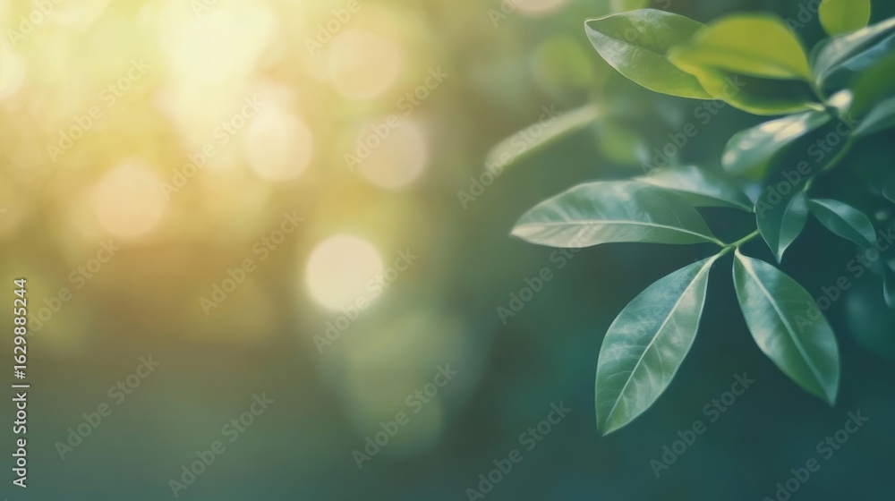 Poster sunlight filters through green leaves, creating a tranquil nature scene with gentle bokeh effect