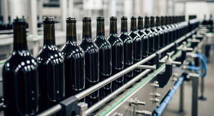 Fototapeta premium Bottling wine shows row of dark glass bottles on conveyor belt. Wine bottling is important step in manufacturing process, as bottles are filled with liquid, corked, and labeled.