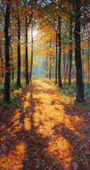 Obraz premium Autumnal forest path bathed in golden sunlight
