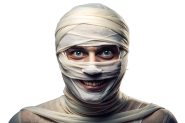 A closeup portrait of a man dressed as a mummy with bandages covering his face, looking scary and creepy, isolated on transparent background for halloween