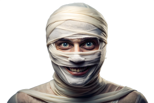 A closeup portrait of a man dressed as a mummy with bandages covering his face, looking scary and creepy, isolated on transparent background for halloween