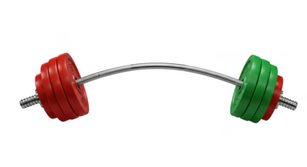 Curved barbell with red and green weight plates isolated on transparent background