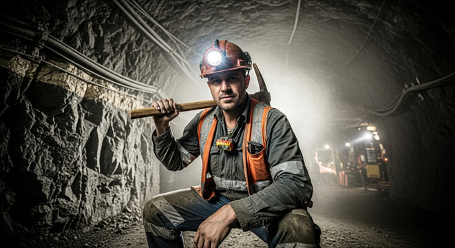 Coal miner working underground with headlamp and pickaxe in gold mine. Coal miner ensures safe excavation, checking rock strata for stability.