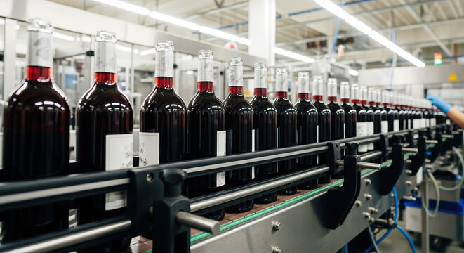 Red wine bottles advance along assembly line, a vision of modern production. Line production in bottling involves detailed automation and quality control.