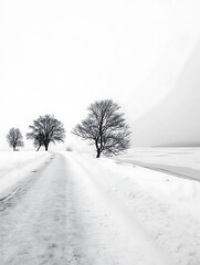 Winter road covered with snow surrounded by frosty trees in a cold forest landscape. AI generated