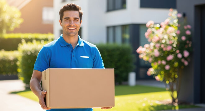 Man carrying package outside, smiling with cardboard box in hand, showcasing successful delivery. Package held securely, highlighting logistics and prompt delivery services.