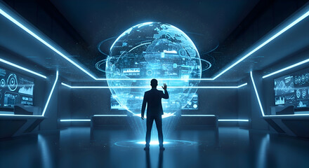 Businessman Analyzing Global Data in Futuristic Control Room