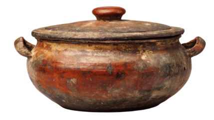 A large, old reddish-brown clay pot with a lid on top and two handles on each side. The bottom is slightly deformed due to use over time.