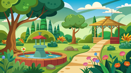 Vector art of beautiful cartoon garden landscape with a fountain, gazebo, trees, flowers, and a winding path on a sunny day