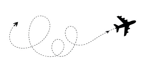 Airplane flying along a dotted line route symbolizing travel and transportation